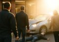 Un piéton percuté par une voiture près d'un magasin, éblouissement en cause.