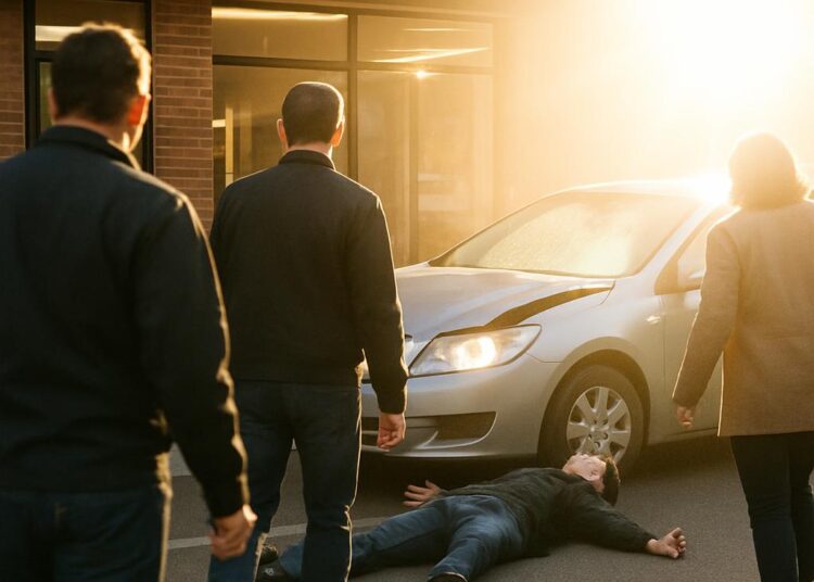 Un piéton percuté par une voiture près d'un magasin, éblouissement en cause.