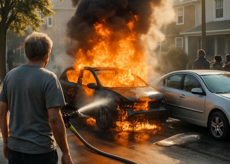 Un feu se déclare tôt le matin, endommageant des voitures et blessant un riverain.