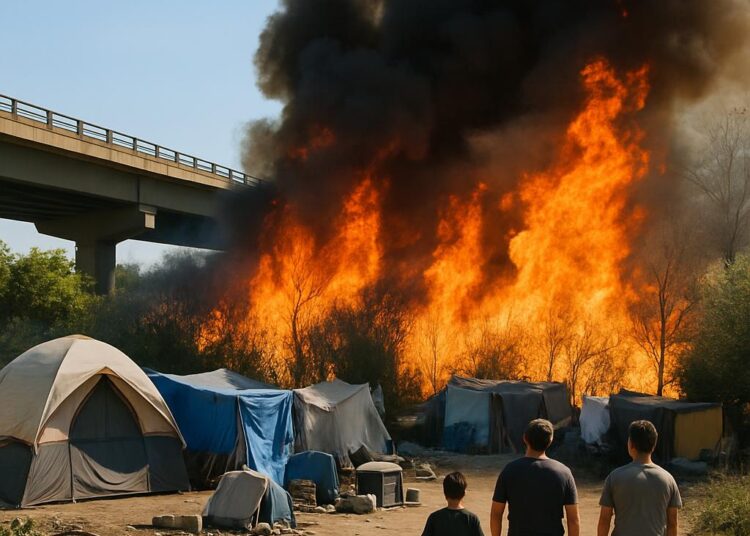 Incendie près de l'autoroute : les flammes mettent en danger un campement.