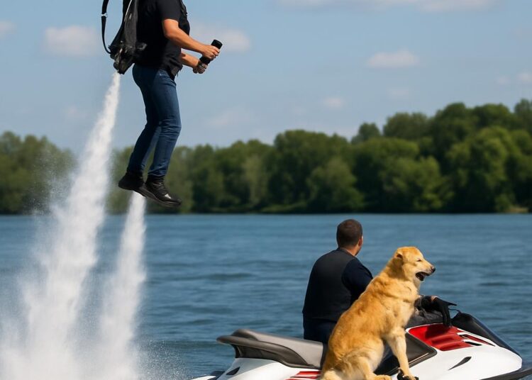 Un homme en jet pack se promène avec son golden retriever sur un jet-ski.