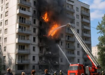 Attaque nocturne de drone sur un bâtiment résidentiel à Moscou en Ukraine.