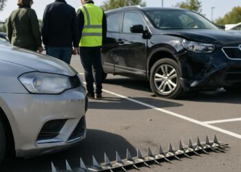 Des véhicules ont subi des dommages : une herse dans ce parking a causé des accidents.