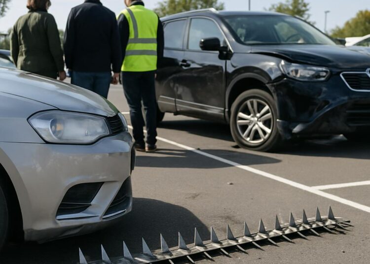 Des véhicules ont subi des dommages : une herse dans ce parking a causé des accidents.