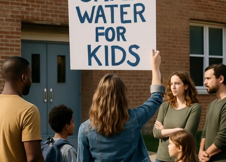 Des parents exigent un accès à de l'eau potable pour leurs enfants à l'école.