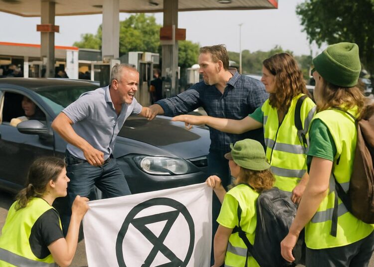 Extinction Rebellion cible une station-service de TotalEnergies : un affrontement entre automobilistes et écologistes.