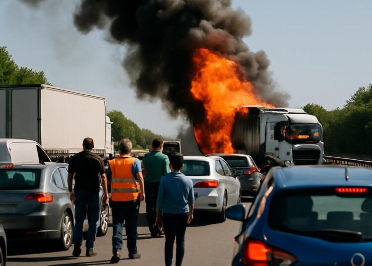 Accident de cinq véhicules sur l'A61 : circulation fortement ralentie après un camion en feu.