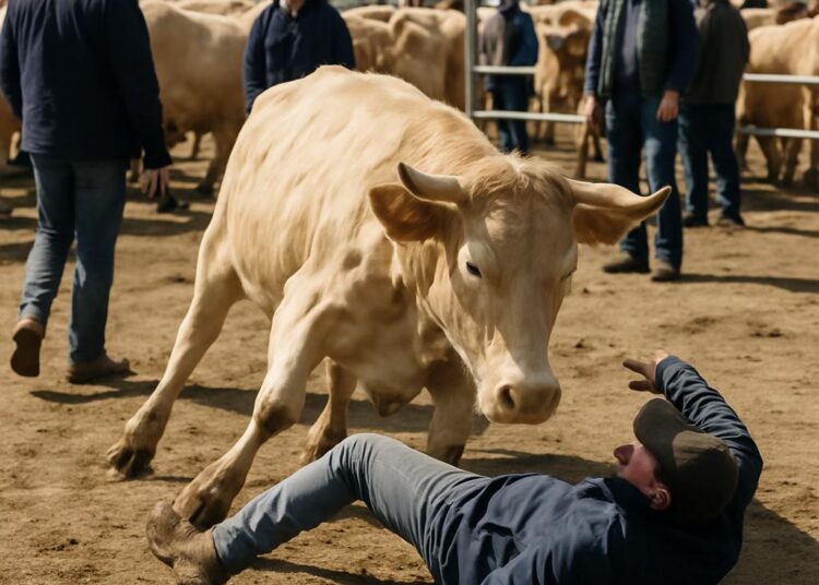 Un éleveur victime d'une charge de vache lors d'un marché bovin.