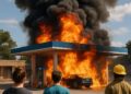 Un incendie, probablement causé par une batterie, ravage une station-service.