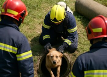 Sauvetage exceptionnel d'un chien coincé dans une canalisation par les pompiers.