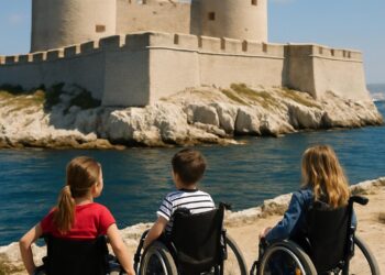 Des enfants en fauteuils découvrent émerveillés le Château d'If.
