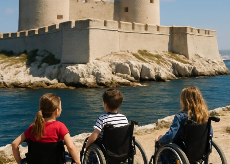 Des enfants en fauteuils découvrent émerveillés le Château d'If.