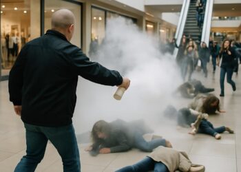 Un homme disperse un produit dans un centre commercial : de nombreux blessés dans ce secteur prisé.