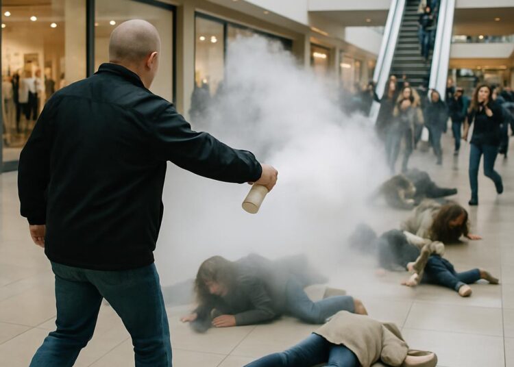 Un homme disperse un produit dans un centre commercial : de nombreux blessés dans ce secteur prisé.