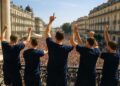 Célébration des joueurs du MHB depuis le balcon de l’Opéra-Comédie à Montpellier.