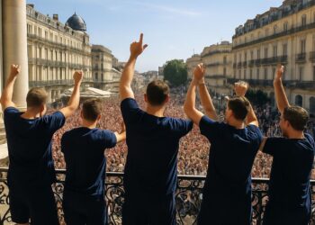 Célébration des joueurs du MHB depuis le balcon de l’Opéra-Comédie à Montpellier.