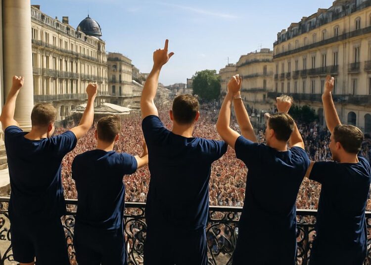 Célébration des joueurs du MHB depuis le balcon de l’Opéra-Comédie à Montpellier.