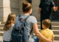 Une mère et ses enfants risquent l'expulsion après avoir pris place sur des marches, malgré l'achat de leurs billets.