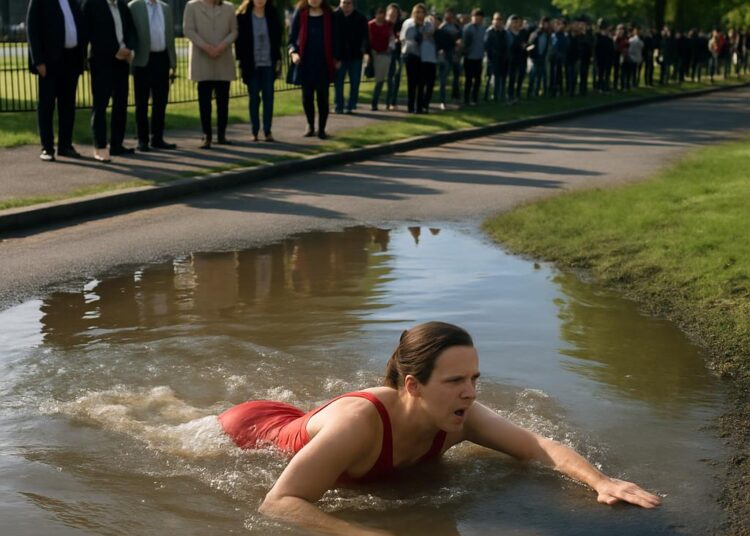 Une députée attire l'attention sur le manque de piscines en nageant dans une flaque.