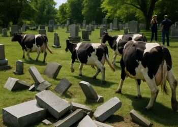 Des vaches en fuite ont causé la destruction de tombstones dans un cimetière.
