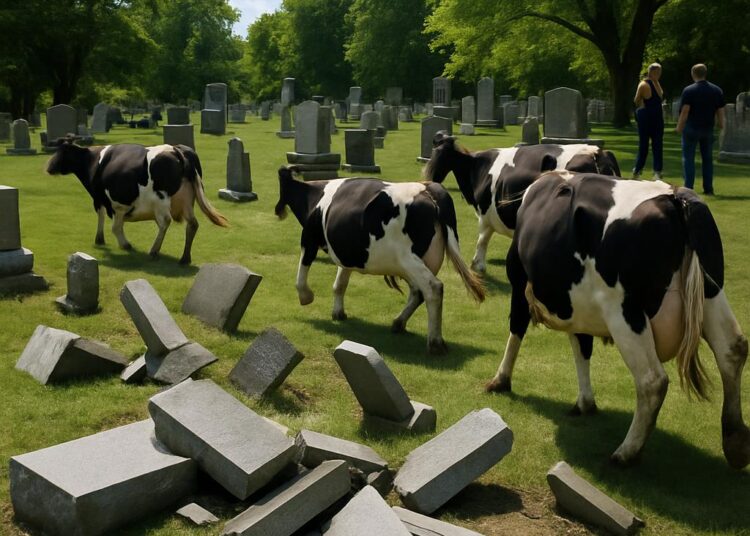 Des vaches en fuite ont causé la destruction de tombstones dans un cimetière.