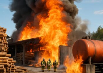 Incendie impressionnant dans une scierie : feu déclenché près d'un conteneur d'hydrocarbures.