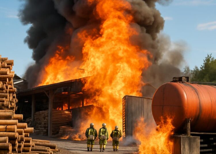 Incendie impressionnant dans une scierie : feu déclenché près d'un conteneur d'hydrocarbures.
