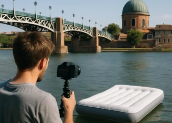 Un influenceur toulousain, Nico Gingembre, filme un matelas sur la Garonne.