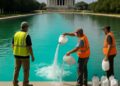 Des ouvriers ajoutent du peroxyde d’hydrogène au bassin du Lincoln Memorial, l’eau change de couleur.
