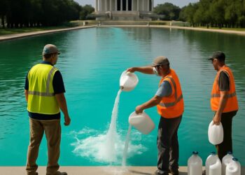 Des ouvriers ajoutent du peroxyde d’hydrogène au bassin du Lincoln Memorial, l’eau change de couleur.
