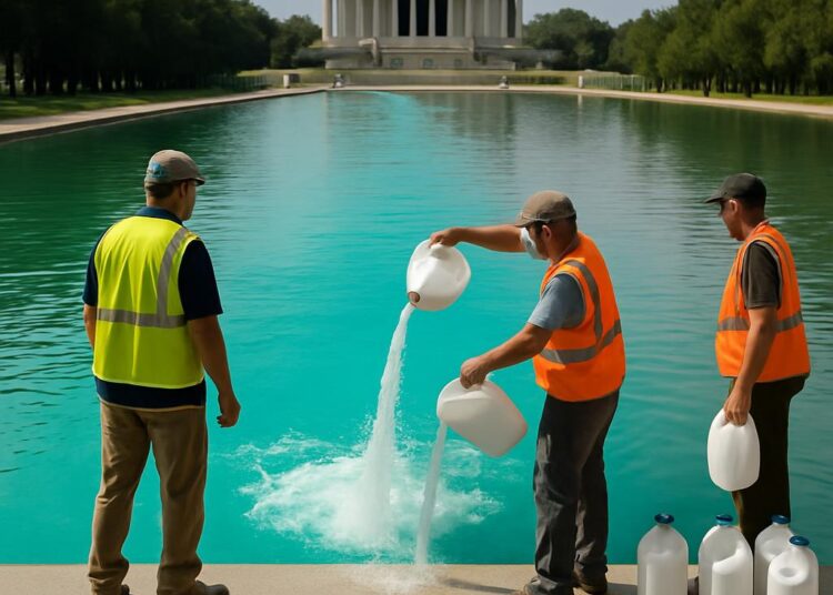 Des ouvriers ajoutent du peroxyde d’hydrogène au bassin du Lincoln Memorial, l’eau change de couleur.