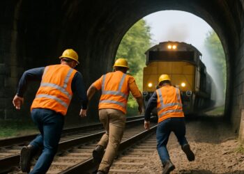 Des travailleurs sur les rails dans un tunnel échappent à un train.