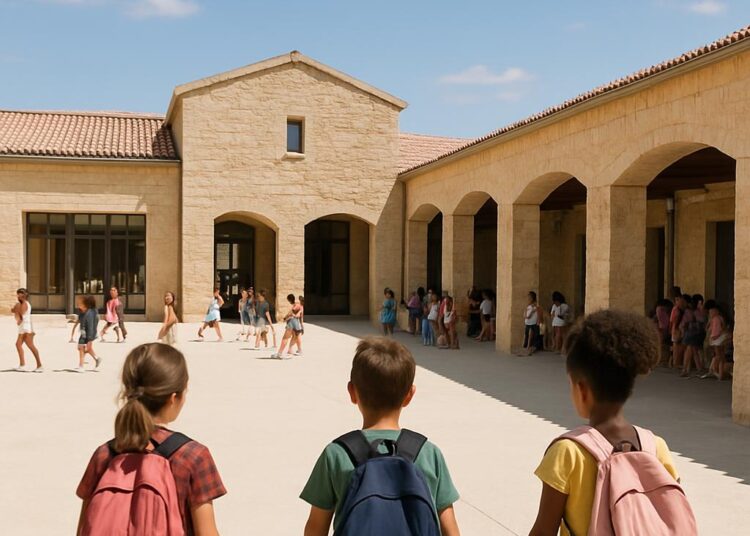 Un nouveau groupe scolaire en pierre locale : un refuge contre la chaleur.