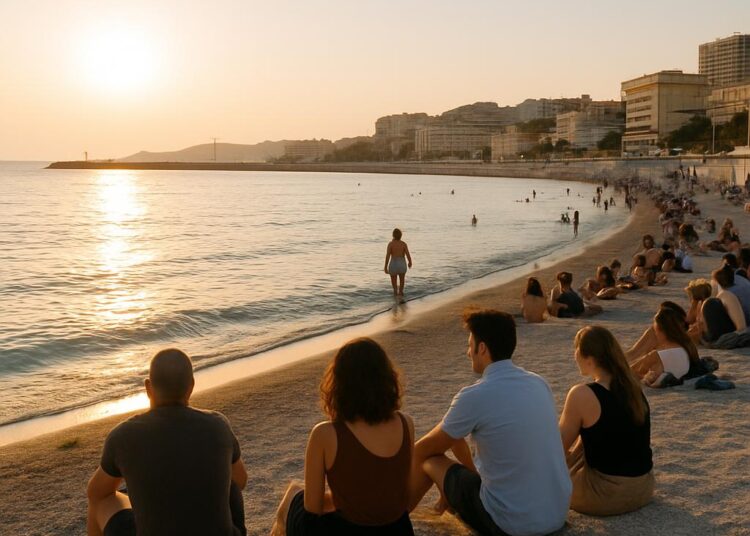 Visuels. Marseille : détente nocturne sur la plage après le travail en canicule.
