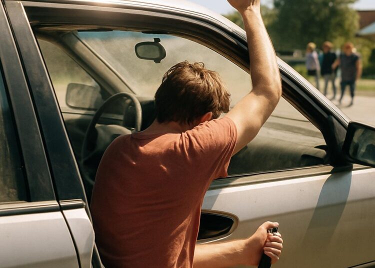 Après une nuit bien arrosée, il se réveille piégé dans une voiture surchauffée et libère le frein à main pour demander de l'aide.