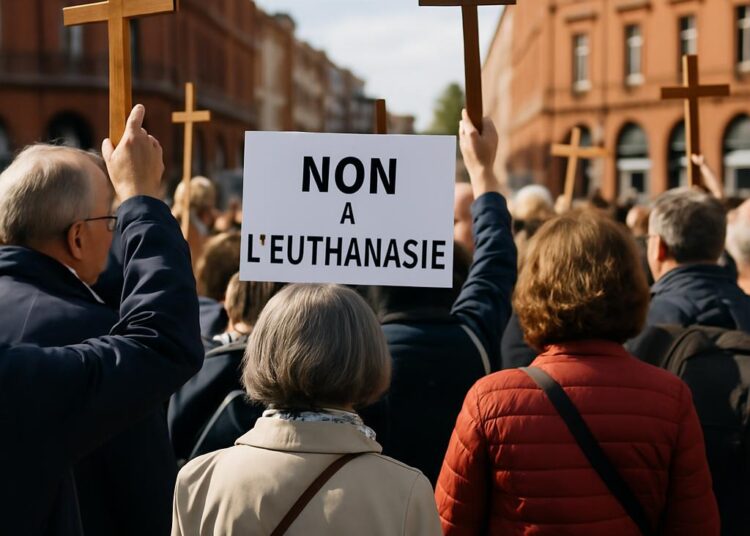 Des militants catholiques s'opposent à la loi sur l'aide à mourir à Toulouse.