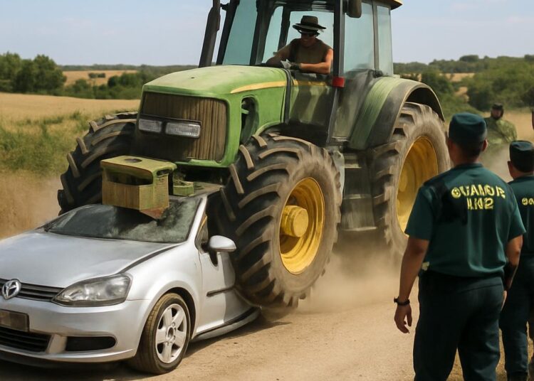 Un agriculteur espagnol écrase la voiture d'un agent de recouvrement avec son tracteur, la Guardia Civil partage la vidéo en ligne.