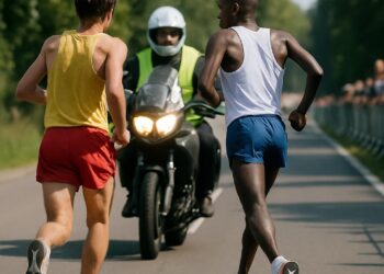 Un concurrent double le leader égaré par une moto avant l'arrivée.