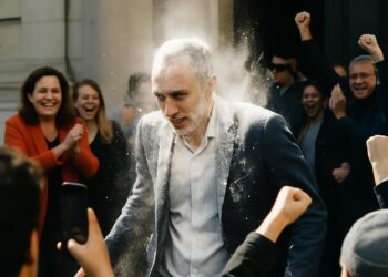 Raphaël Glucksmann victime d'une attaque de farine après sa victoire à la primaire de gauche.